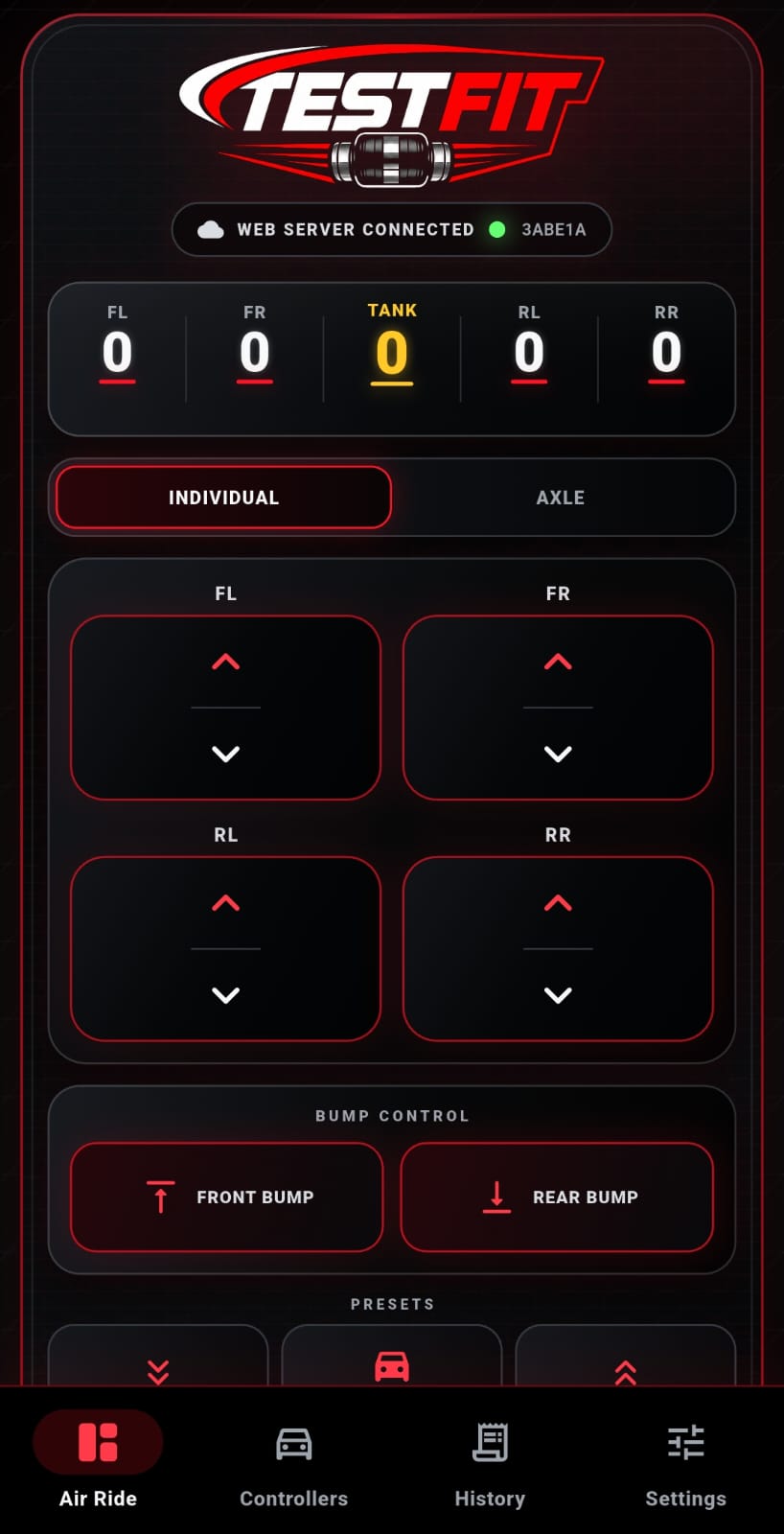 TESTFIT Air Ride controller dashboard