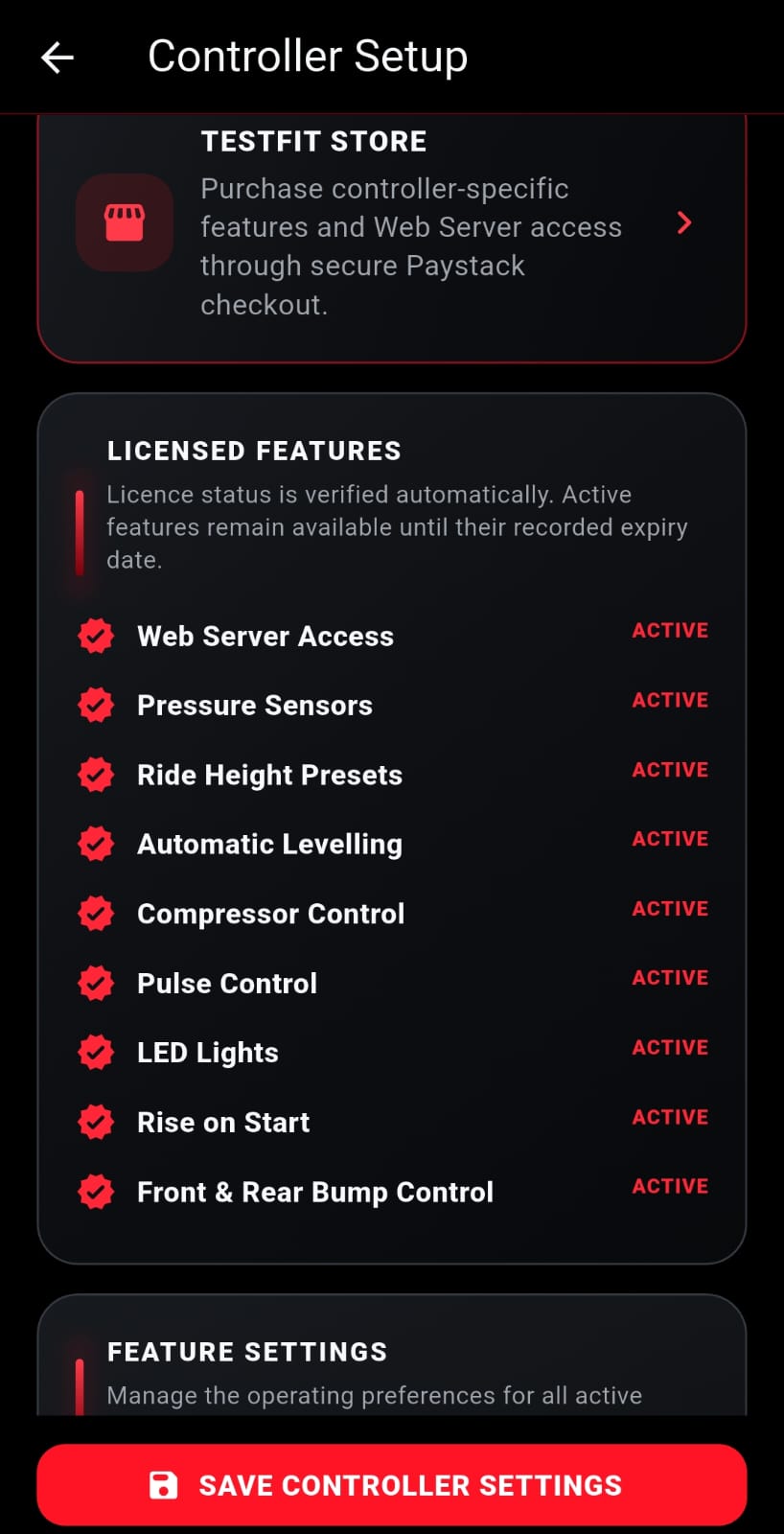 TESTFIT licensed feature status screen