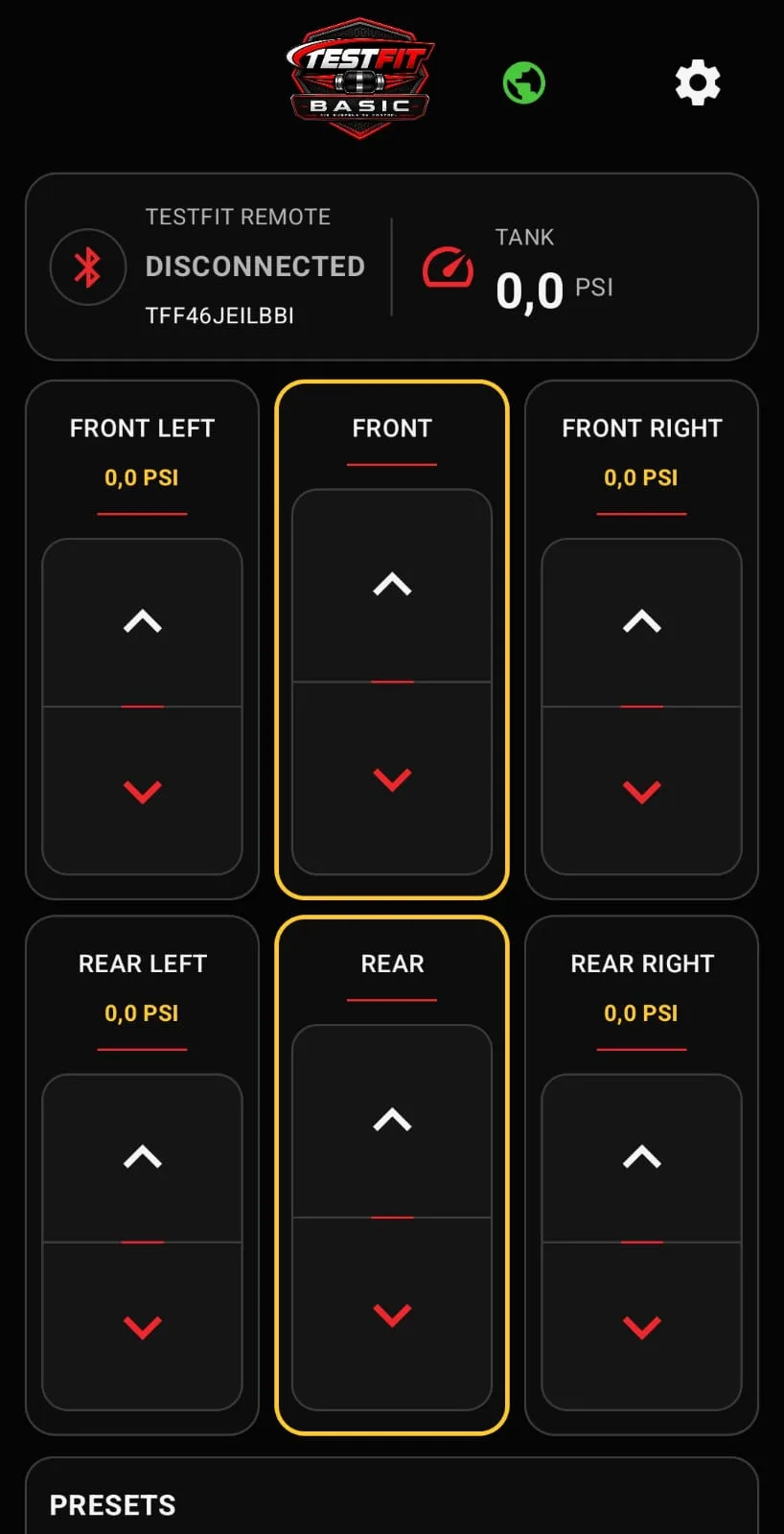 Actual TESTFIT Basic Android control interface